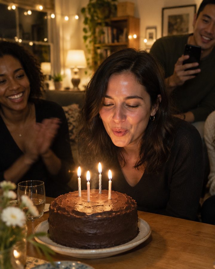 A woman laughing as she blows out the candles on a chocolate birthday cake while friends clap