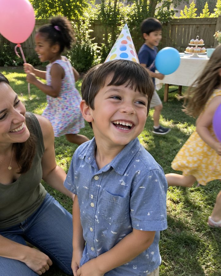 A small boy in a party hat laughing in a backyard while kids run past with balloons