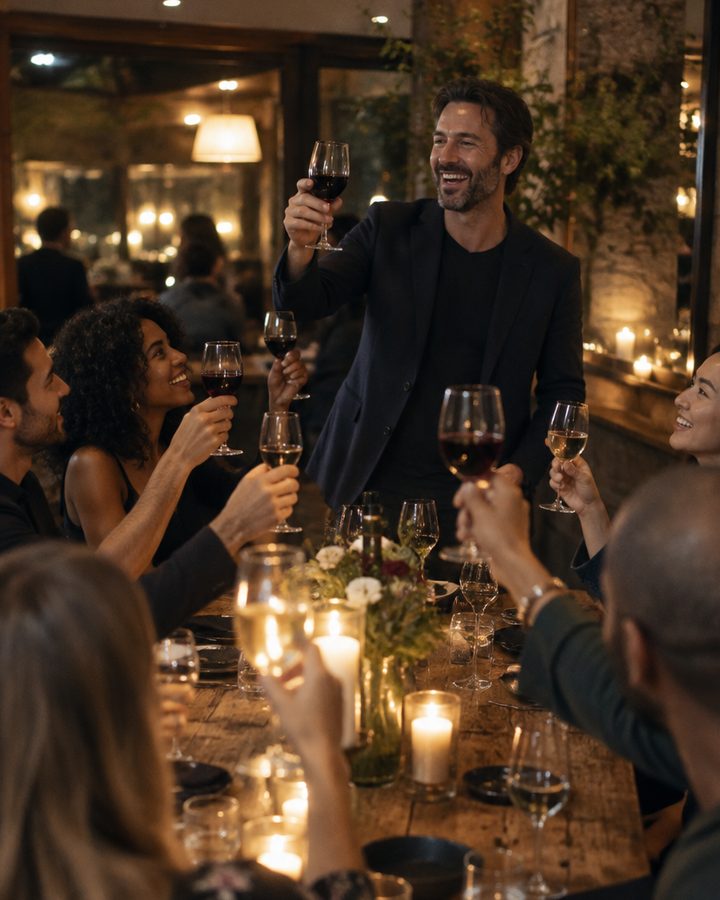 A man raising a glass at a candlelit birthday dinner while friends toast him