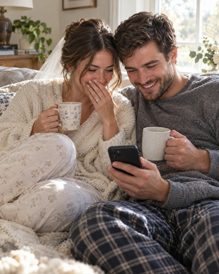 A couple on the sofa the morning after, smiling at one phone