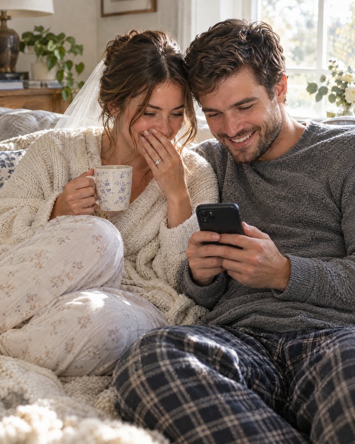 A couple on the sofa the morning after, smiling at one phone