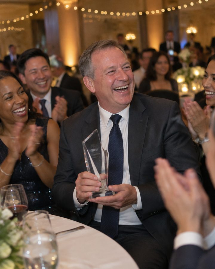 A man laughing as he holds an award while colleagues at his table clap