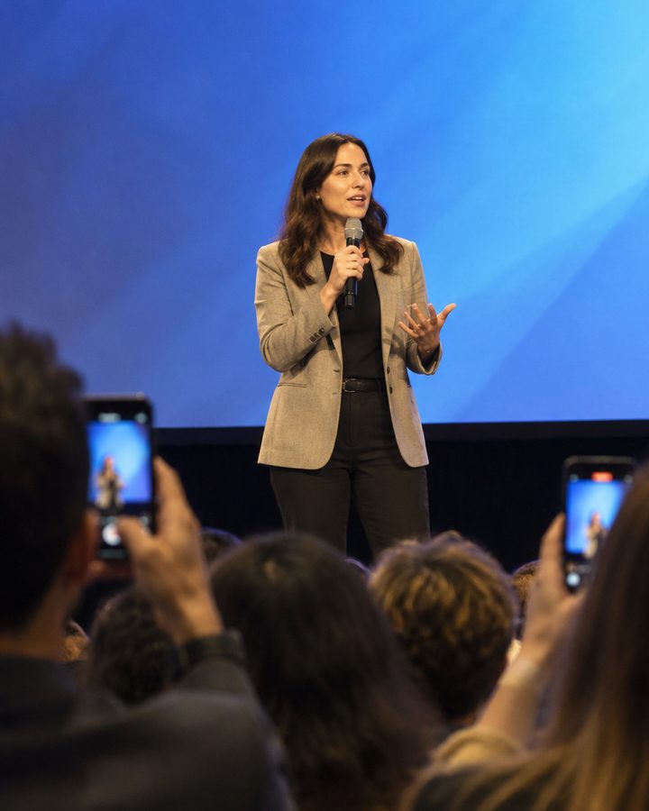 A speaker on a conference stage while people in the audience take photos on their phones