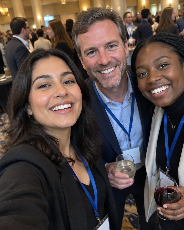 Three colleagues wearing lanyards taking a selfie at a networking reception