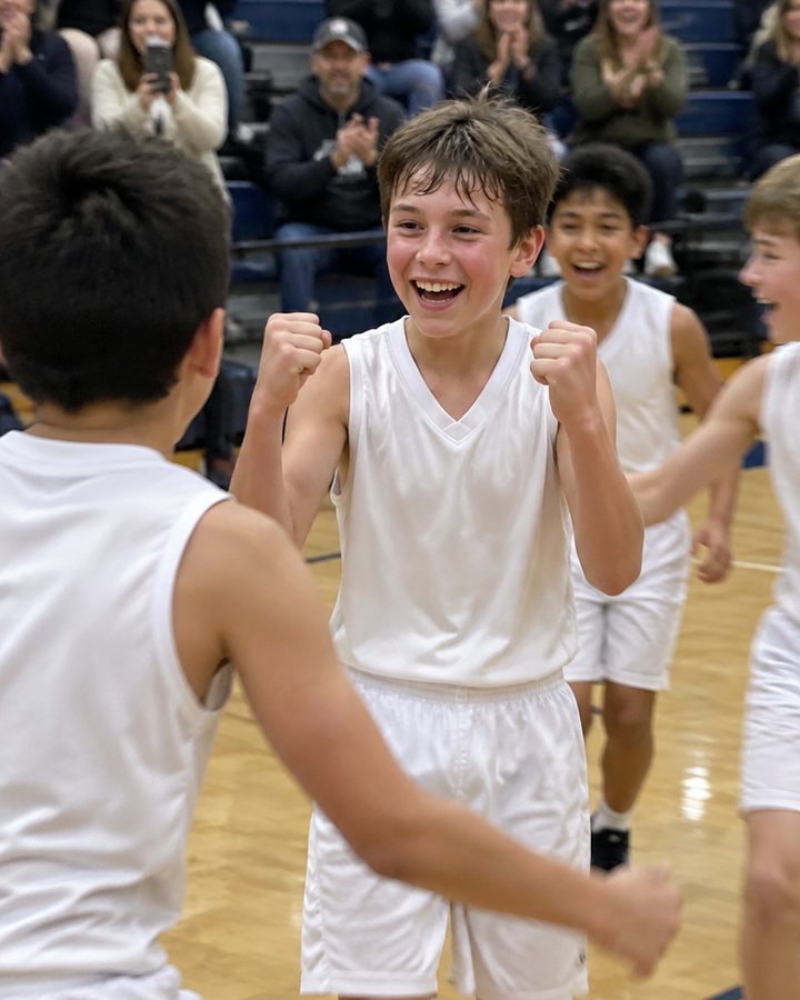 A boy in a white basketball jersey celebrating a basket as teammates rush toward him