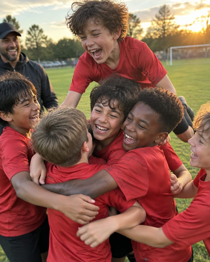 A youth soccer team in red jerseys piling into a celebration hug