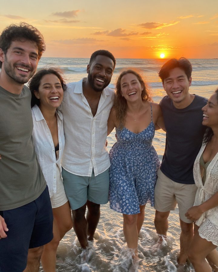 Six friends with their arms around each other at the water’s edge at sunset