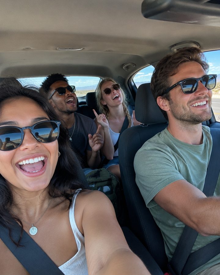 Four friends singing in a car on a desert road trip