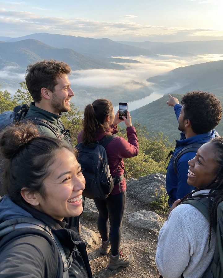 Friends with backpacks at a mountain viewpoint above a misty valley
