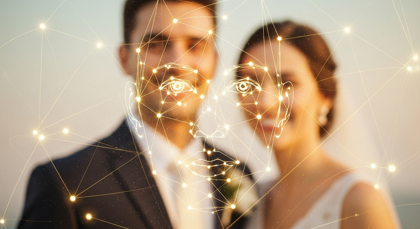 AI face recognition concept over wedding portrait