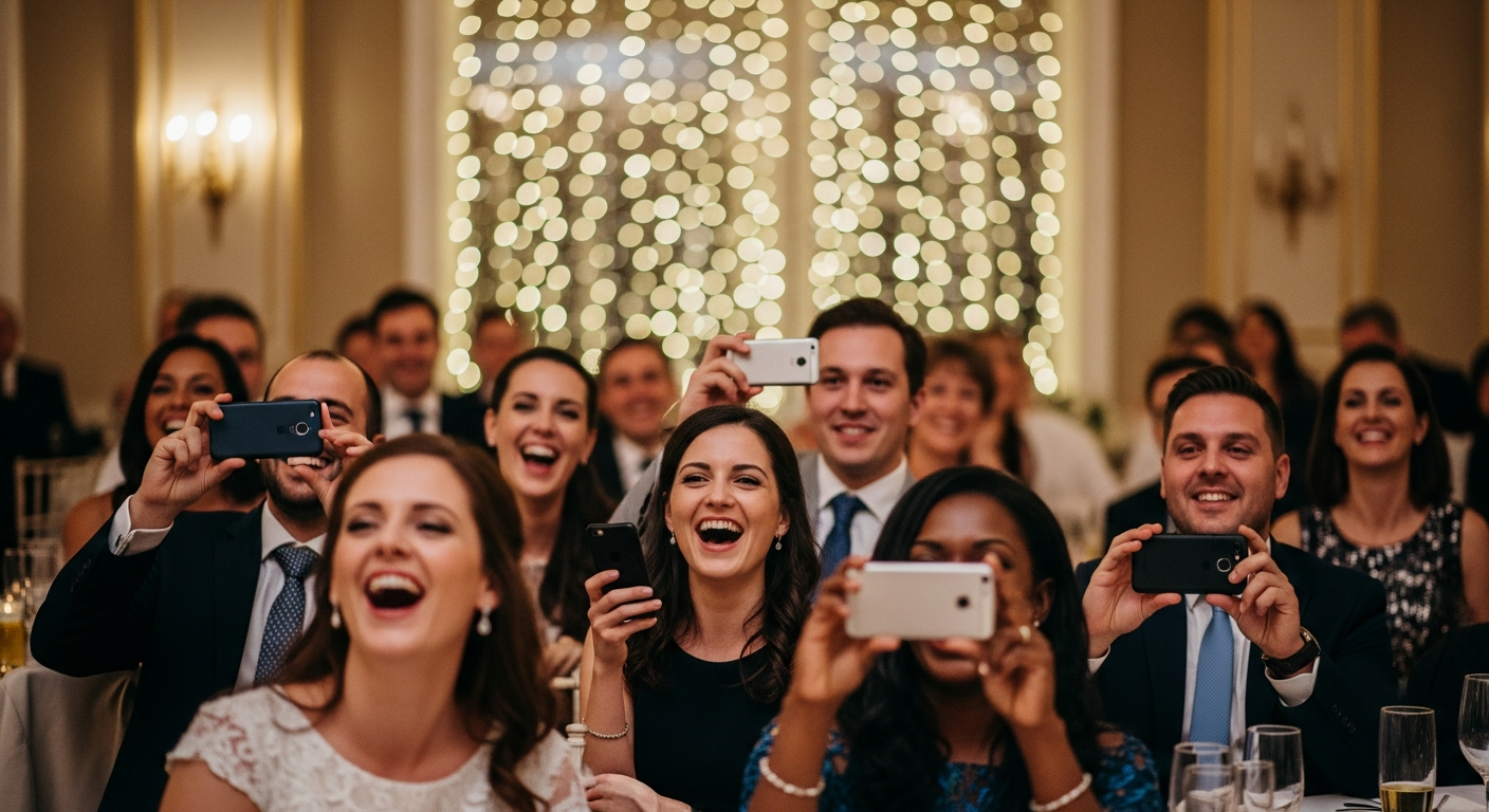 Wedding guests capturing moments on their smartphones
