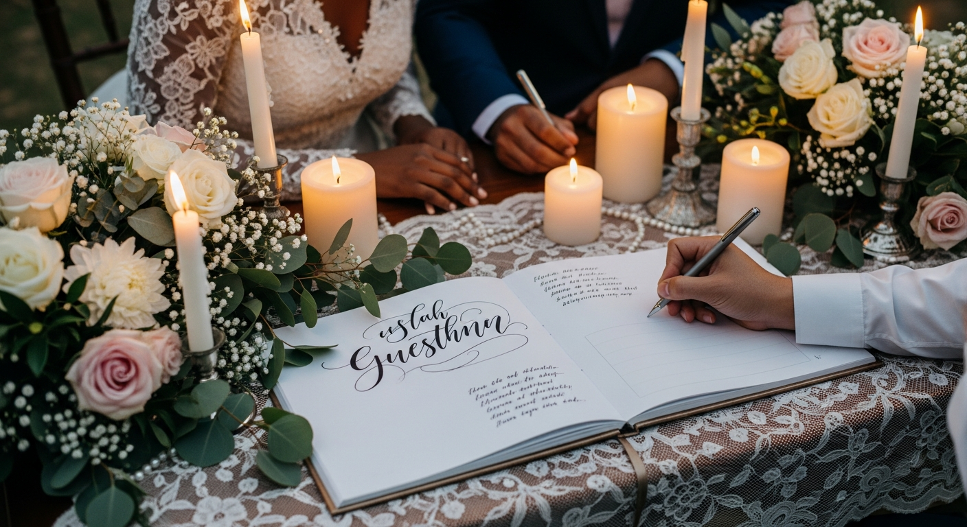 Couple signing a wedding guestbook