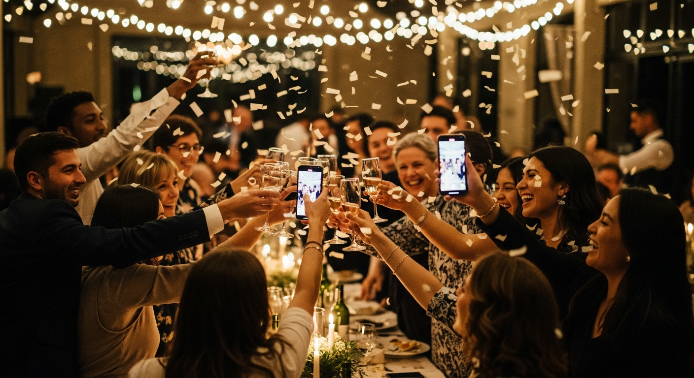 Joyful wedding guests celebrating at reception