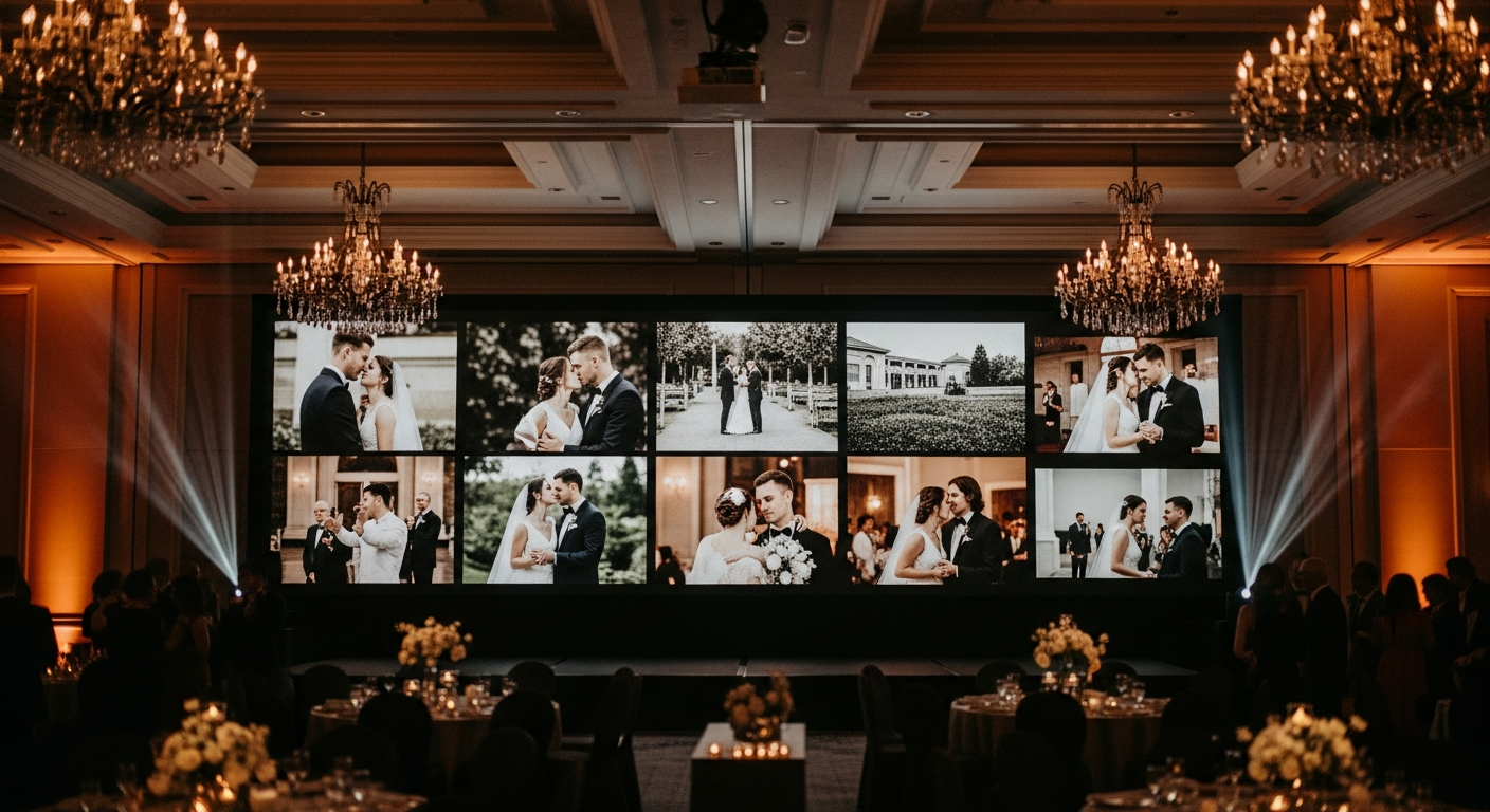 Large screen at a wedding reception displaying a live grid of guest photos