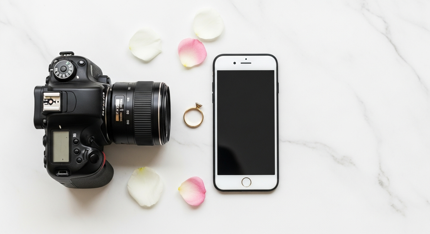 Camera and smartphone flat lay with wedding details