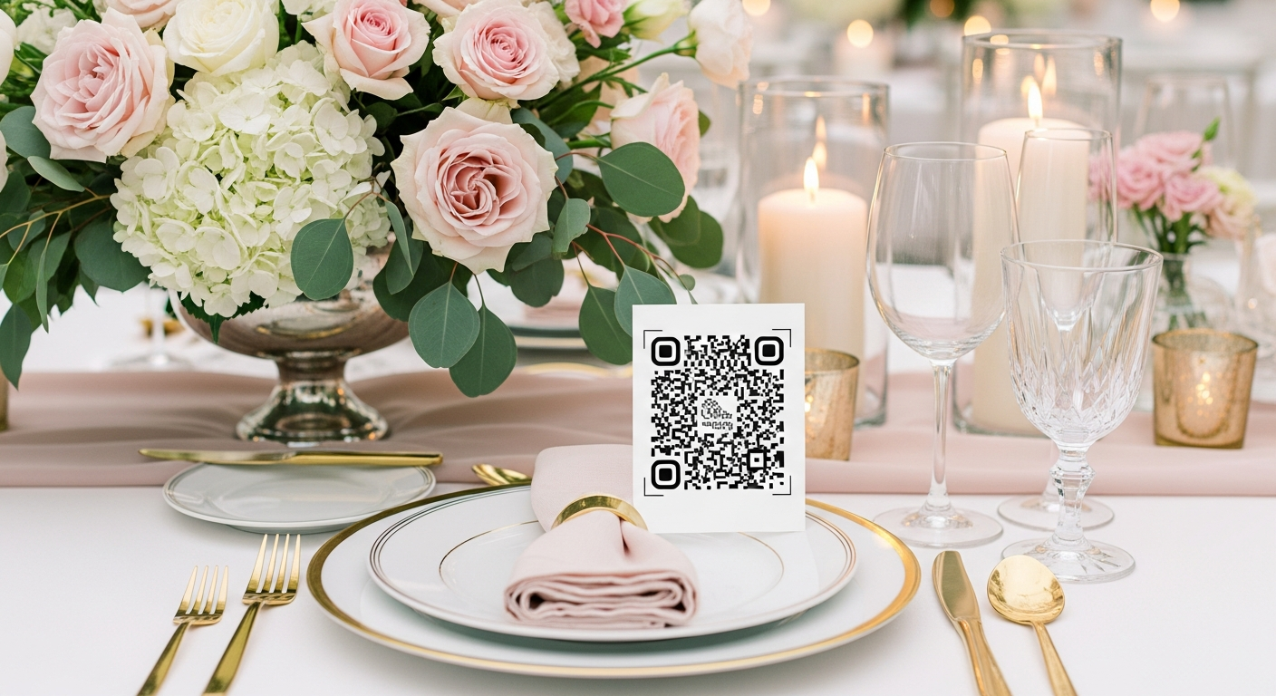 QR code card at an elegant wedding table setting