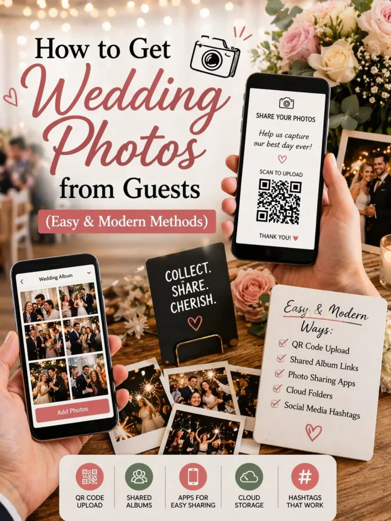 The picture includes content that How to get wedding photos from the guest